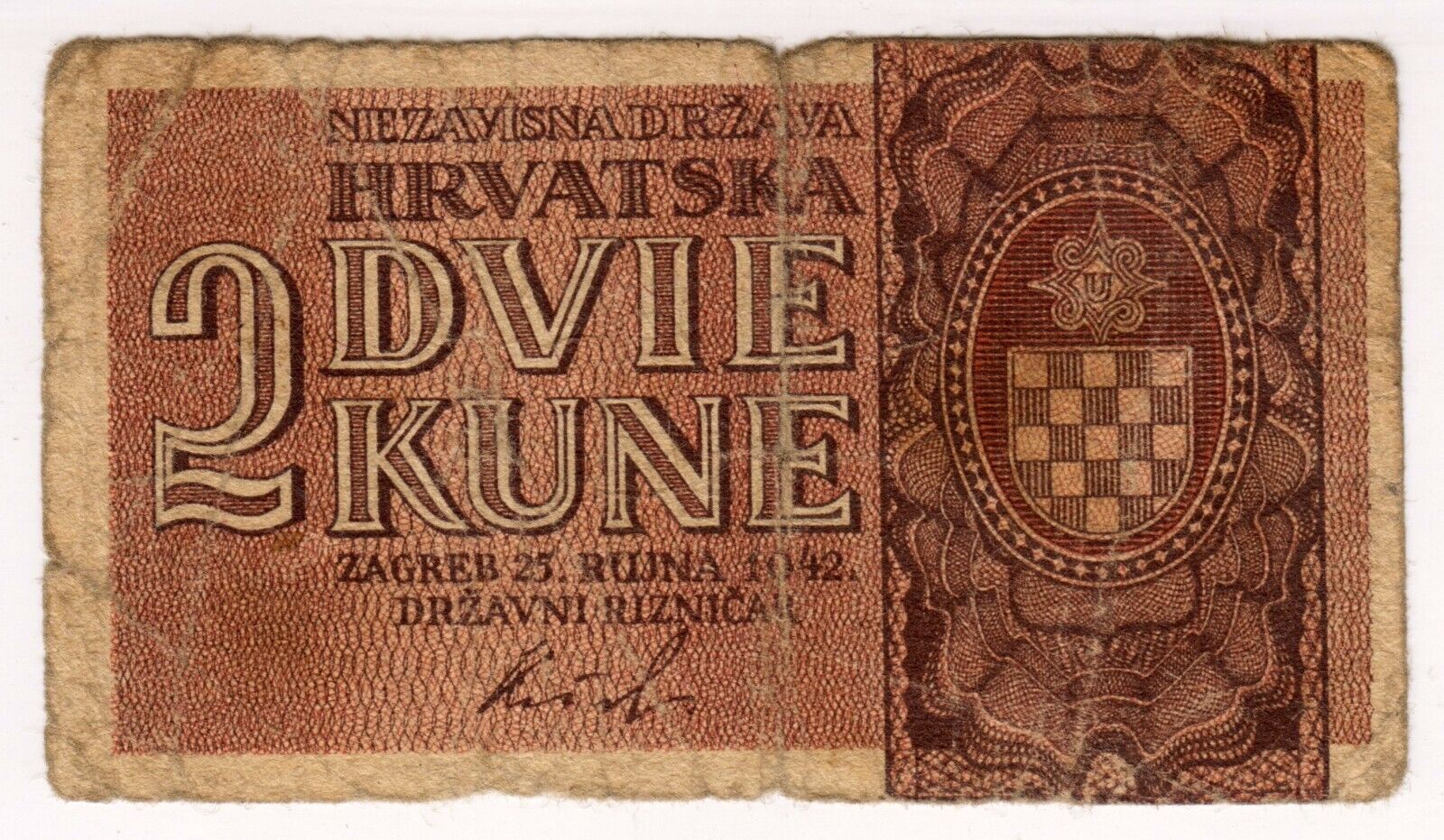 1942 Croatia 2 Kune Ww2 Ndh Cg272910 Low Conditions Paper Banknote Money