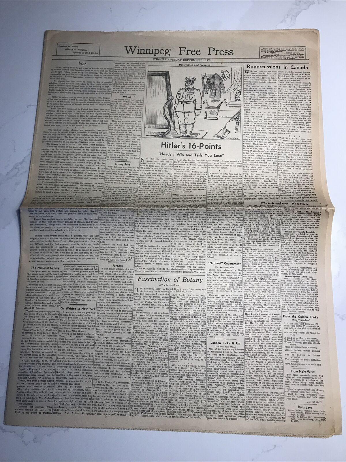 Winnipeg Free Press September 1 1939 Hitler 16 Points Section 2 Wwii Cfl Footbal