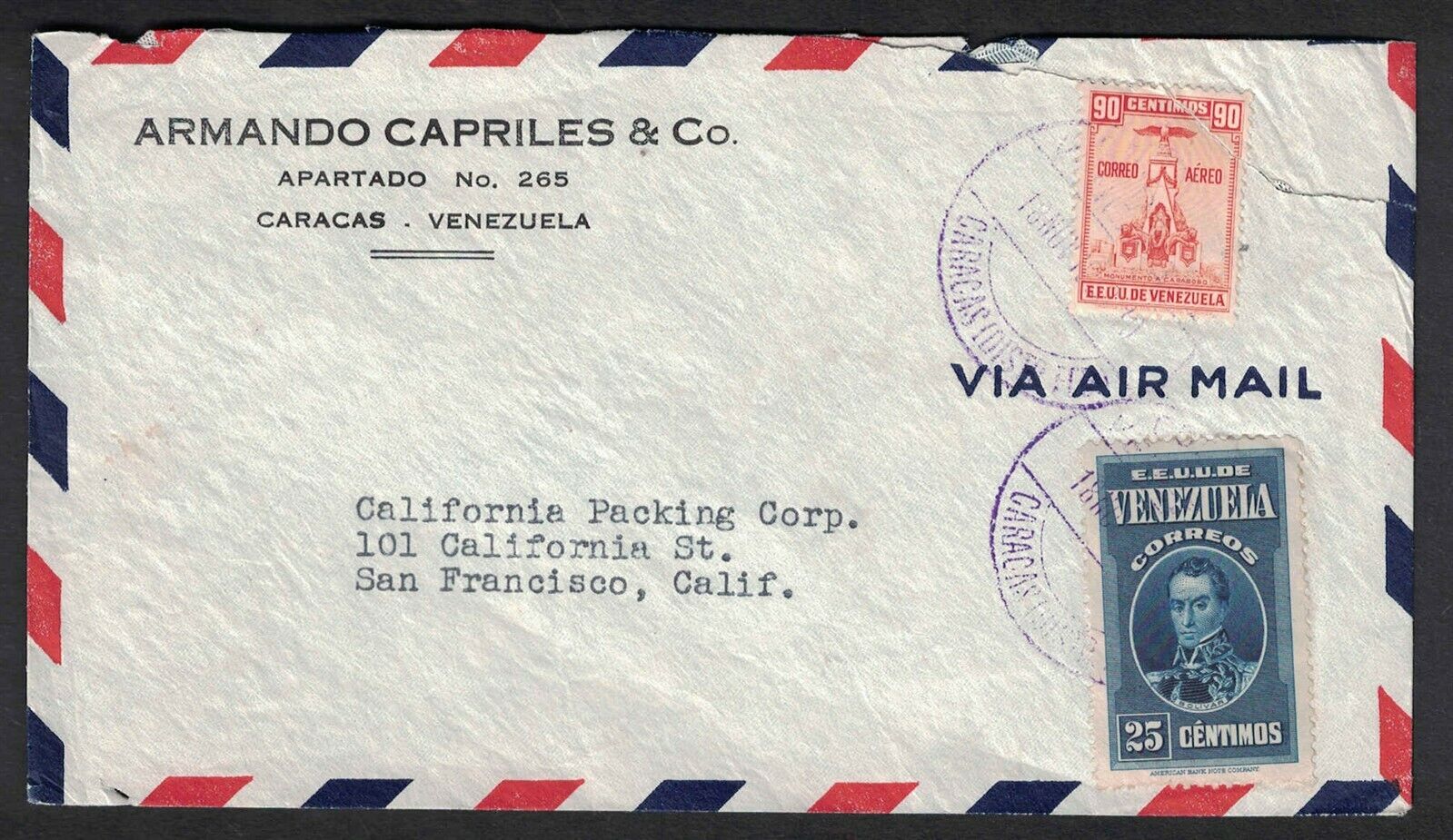 Ca 1938 Venezuela Air Mail Cover - Caracas To San Francisco, Ca Usa B17