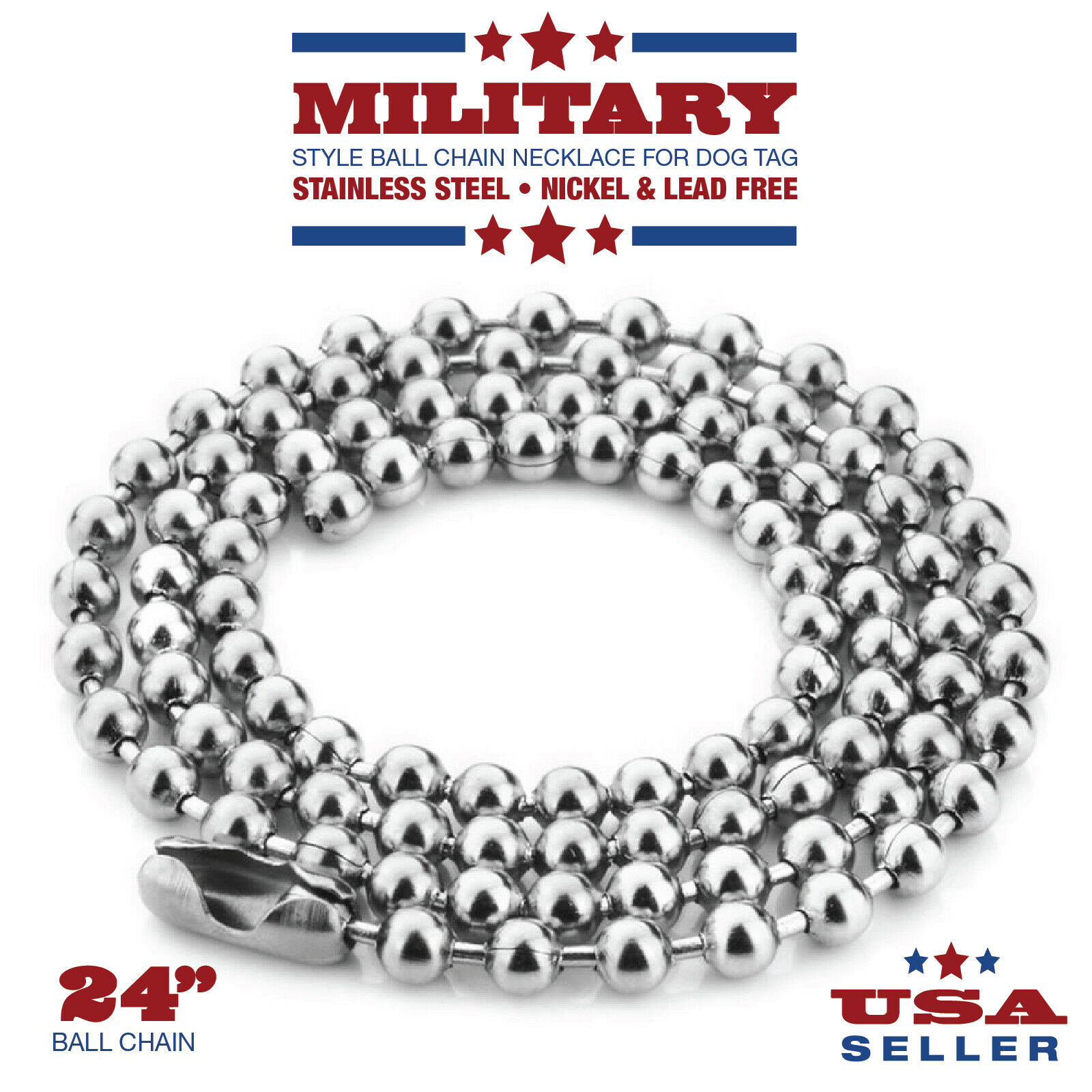 24 Inch Stainless Steel Ball Chain 2.4 Mm Military Spec For Army Dog Tag