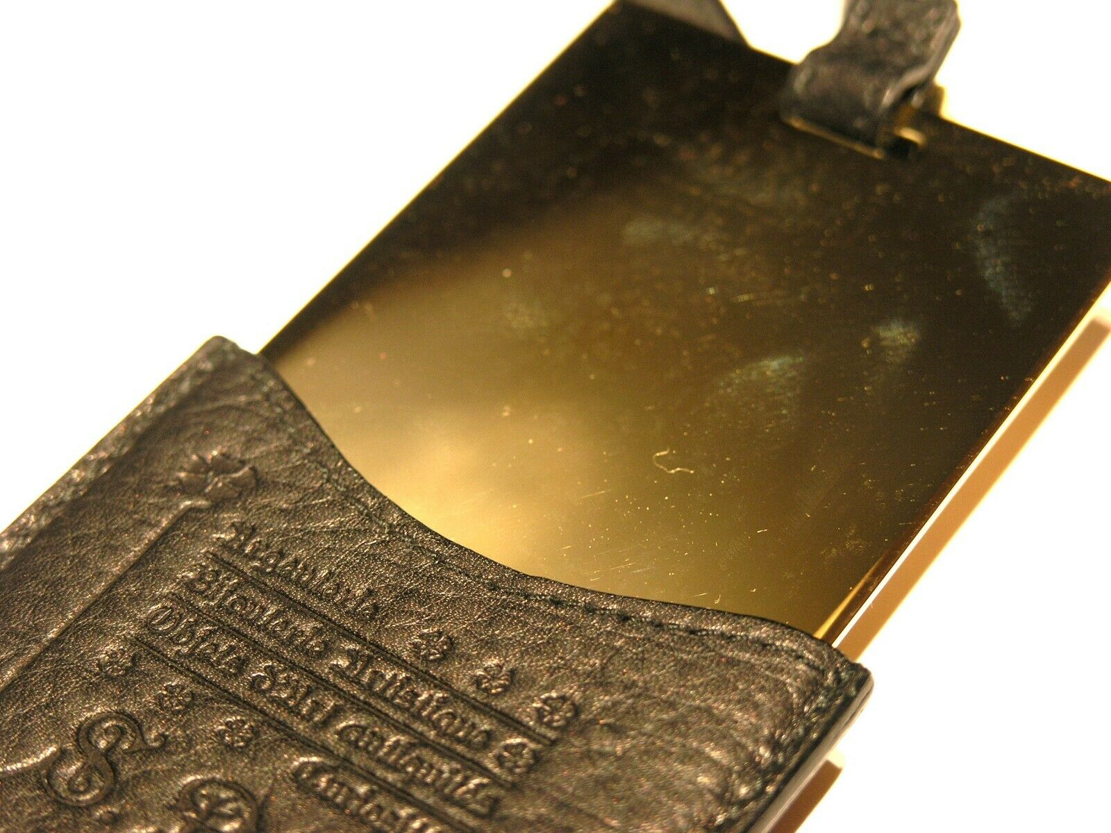 (1) Bvlgari Gold Rectangular Mirror In Leather Slipcase W/ Strap