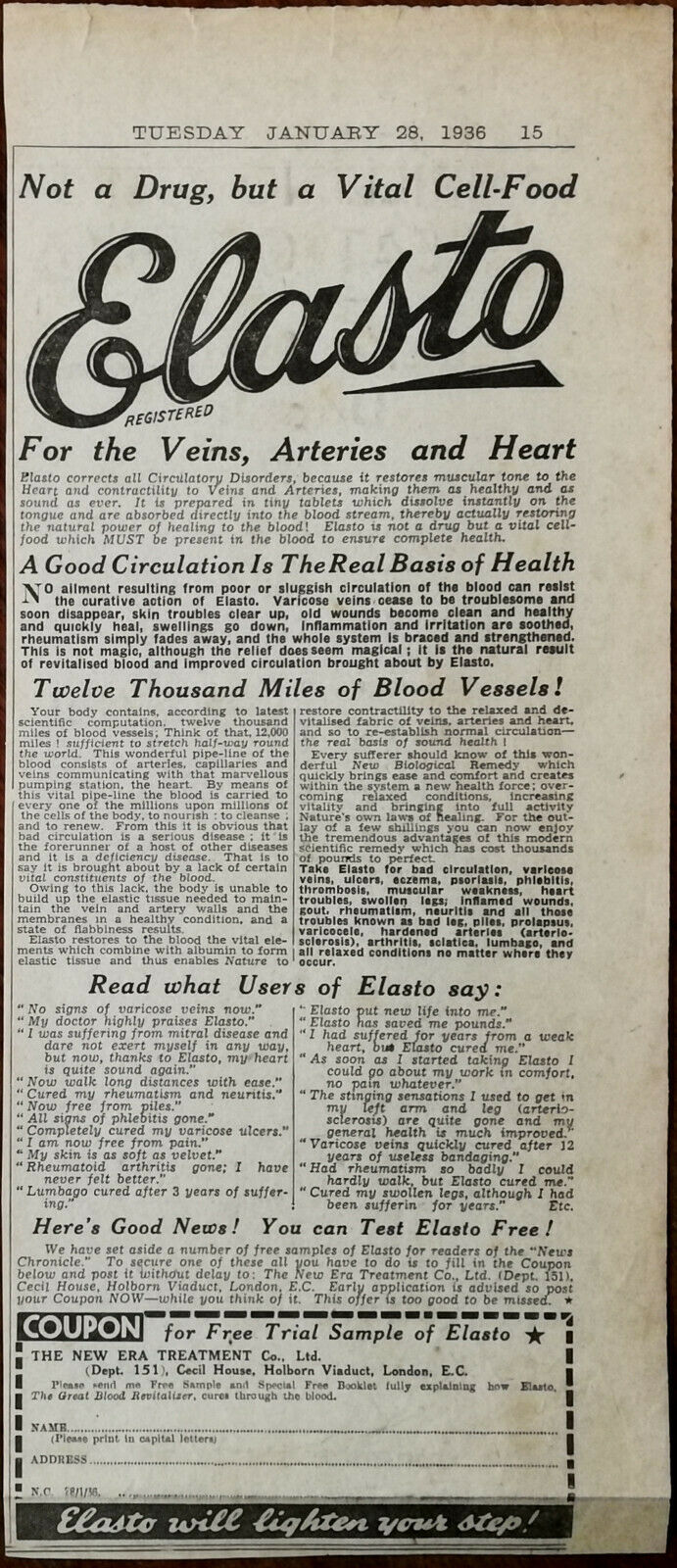 New Era Treatment Co. Elasto Not A Drug But A Vital Cell-food Vintage Ad 1936