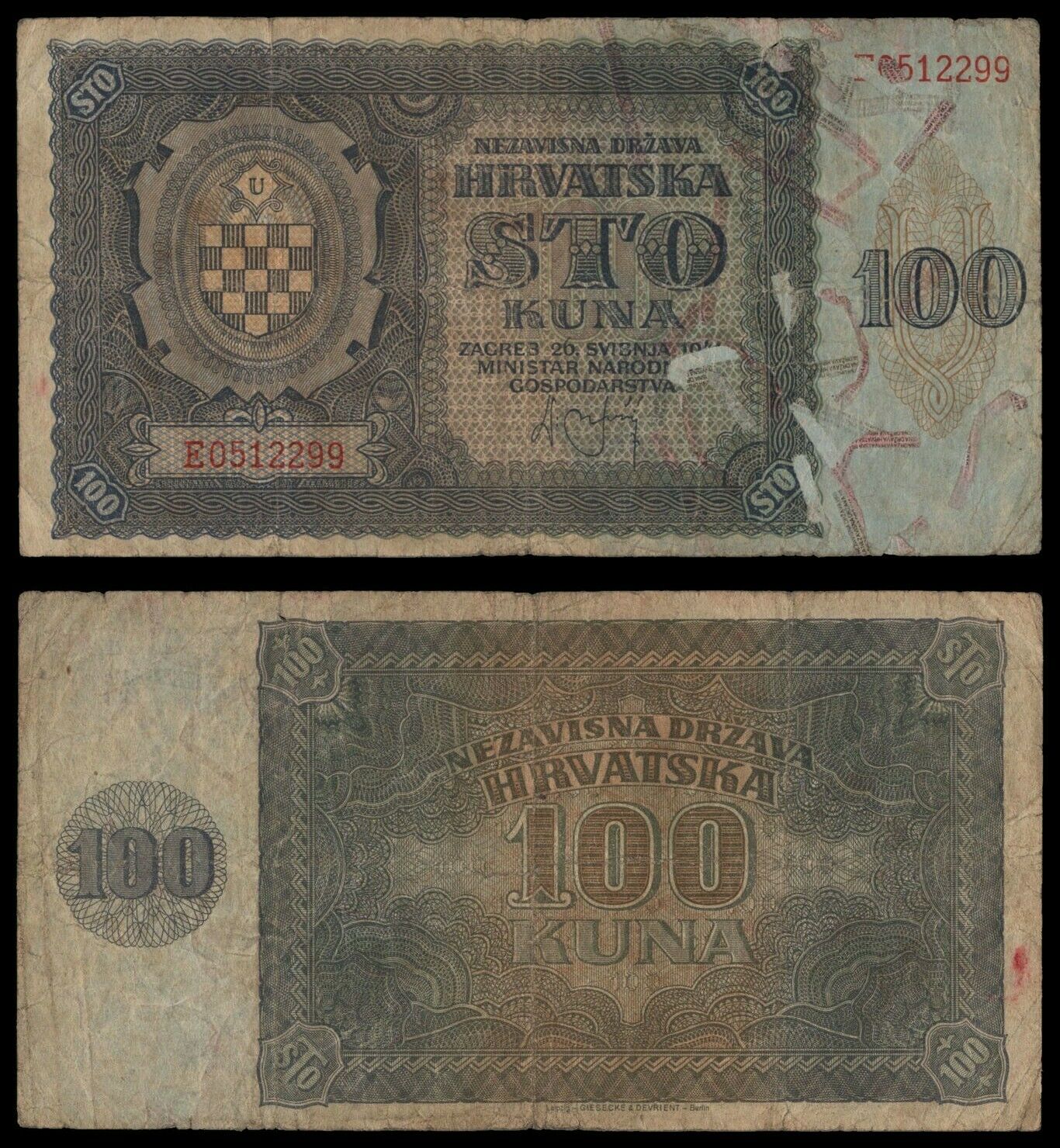 N-000.253} Croatia 100 Kuna 1941 / Wwii Ustasa Germany Italy Ally / Vf-