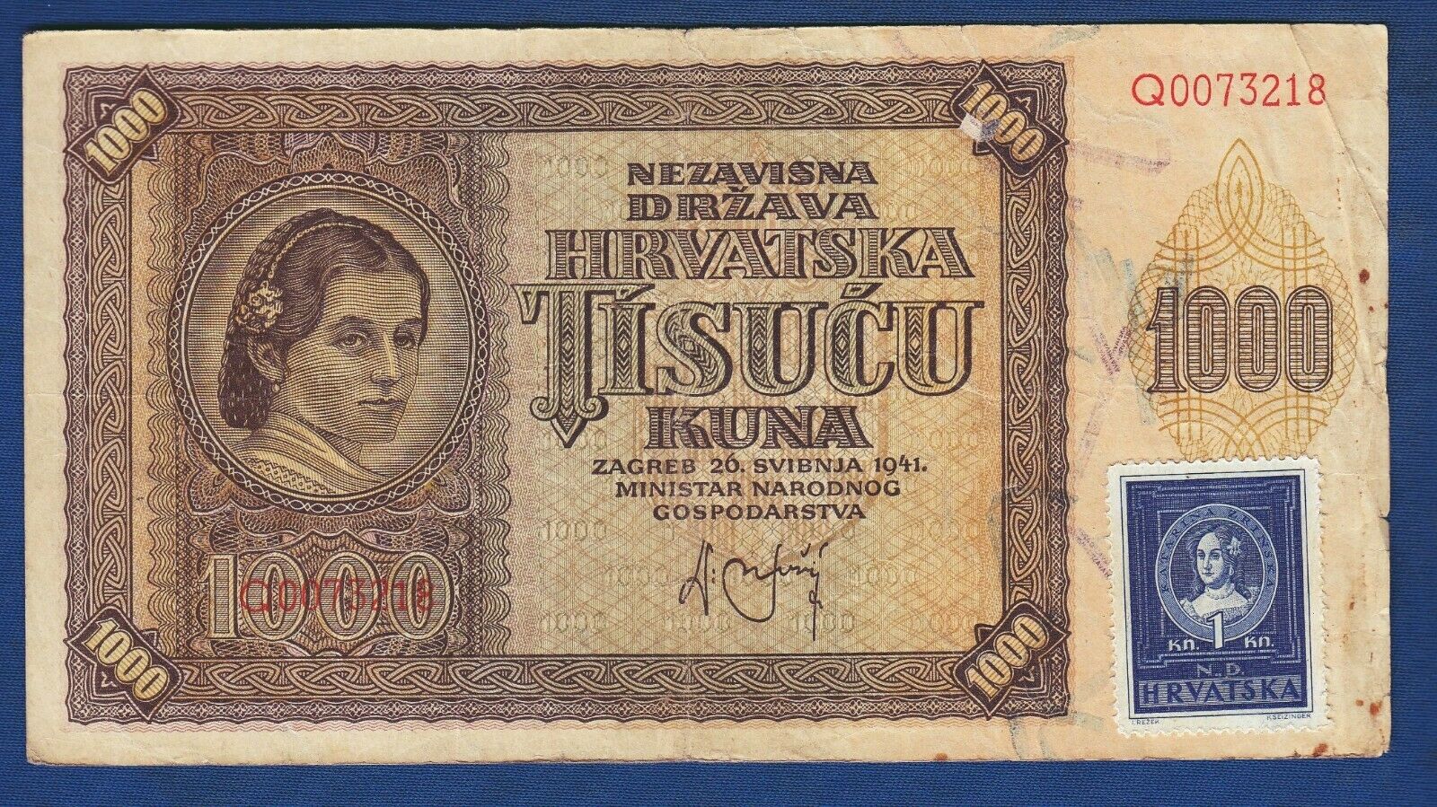 1000 Kuna 1941. Croatia Banknotes, Croatian Stamp Nd Hrvatska Katarina Zrinska !