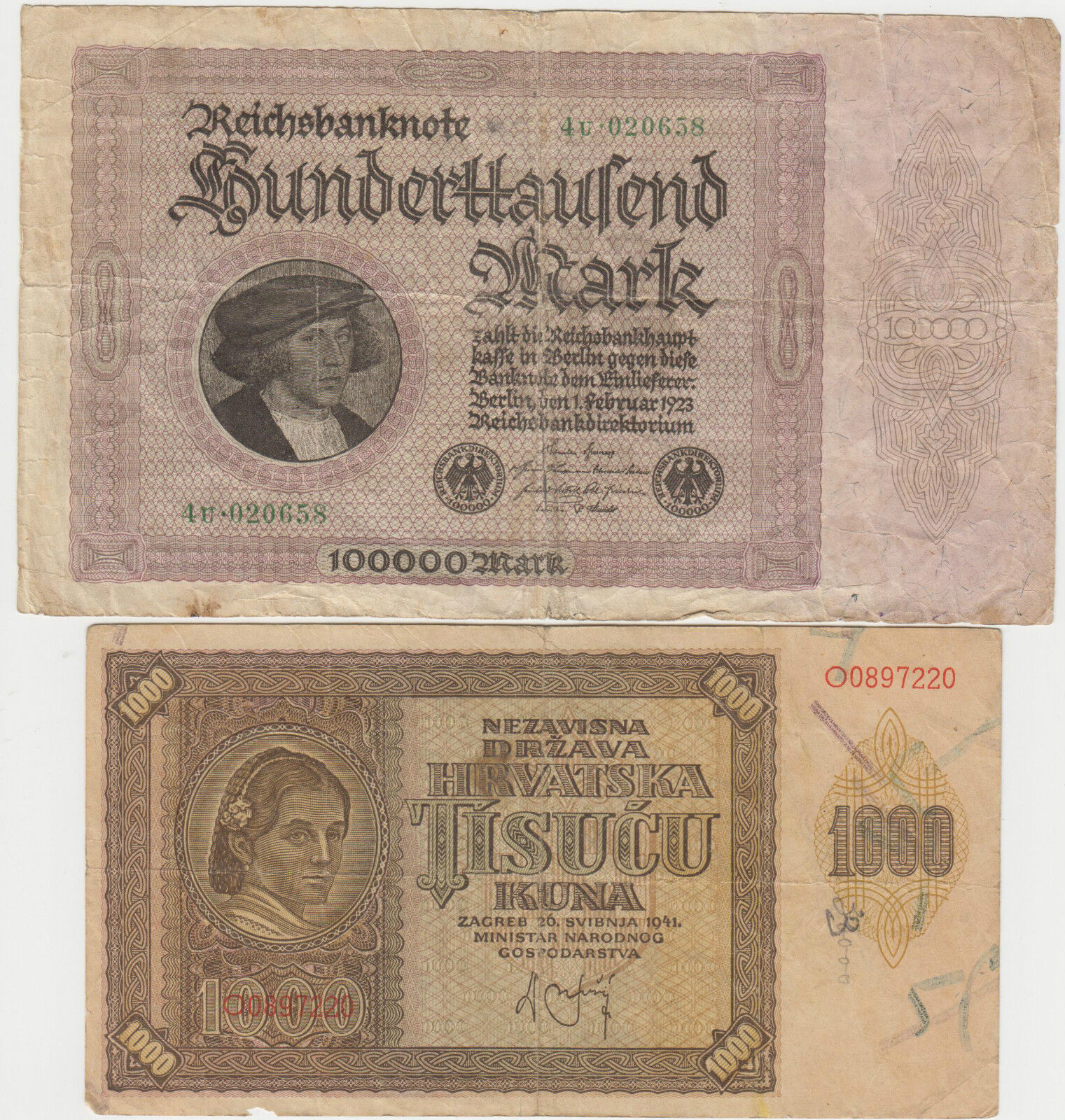 100 Kuna 1941 Croatia Banknote + 100000 Mark 1923 Reichsbanknote !