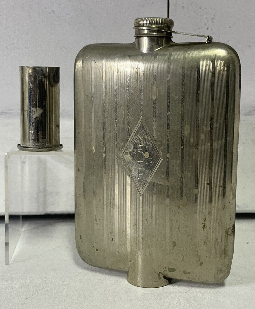 Vtg Antique 1921 Kapkup Nickle Nickel Silver Hip Flask Shot Glass Jdp Ribbed