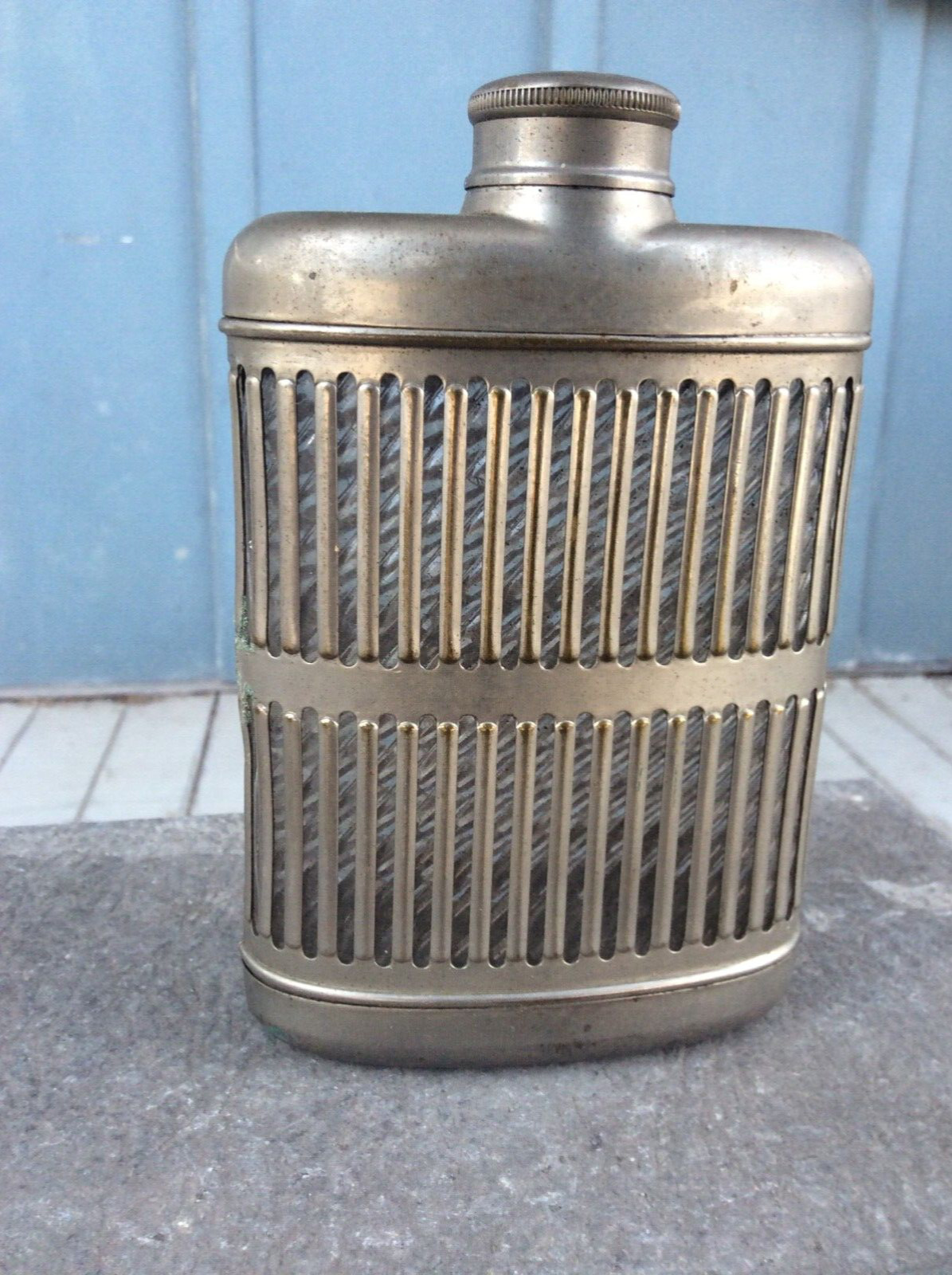 Flask Caged Glass Screw Off Cork Lid Chrome Plated ~ 1920's Prohibition Era #1