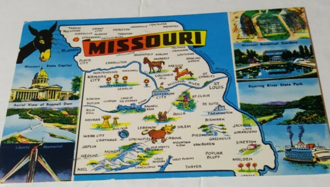 Vintage 1955 Postcard Greetings From  Missouri  State Map Tourism Card