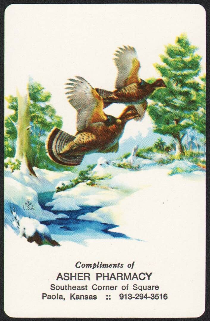 Vintage Playing Card Asher Pharmacy With Pheasants Pictured From Paola Kansas