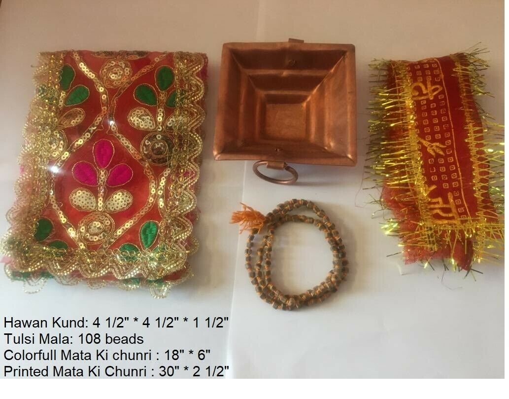 Traditional Copper Hawan Kund For Agnihotra Pooja, Mata Ki Chunri, Tulsi Mala
