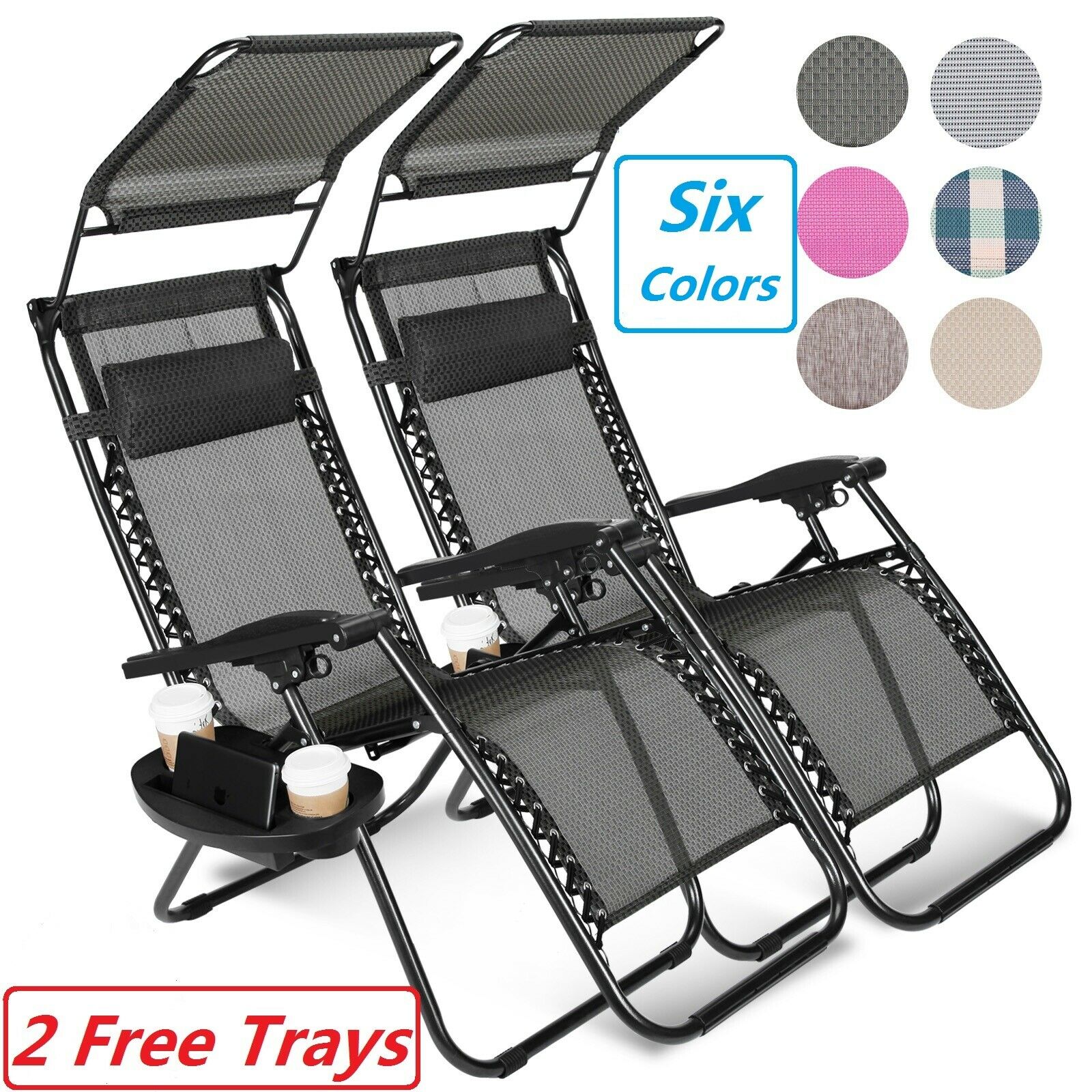 2 Zero Gravity Reclining Chairs Folding Garden Lounge Outdoor Beach Lawn W/trays