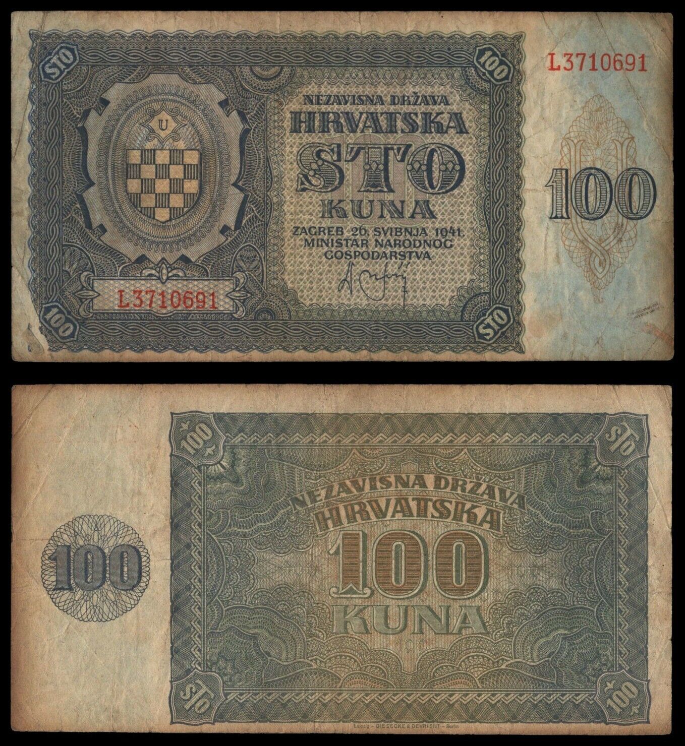 N-000.270} Croatia 100 Kuna 1941 / Wwii Issue / Vf-