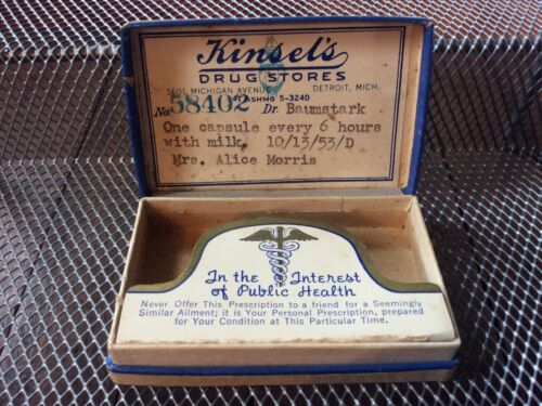 Vintage1953 Kinsels Drug Store - Prescription Medicine Box Detroit, Michigan Mi