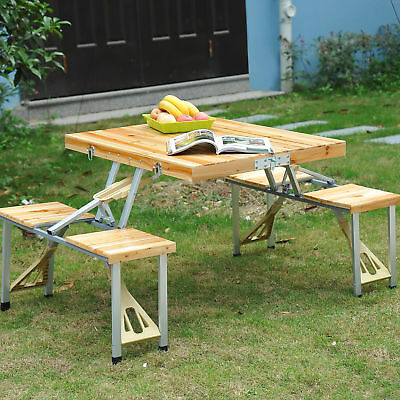 Wooden Picnic Table Bench Seat Outdoor Portable Folding Camping Aluminum 4 Seats