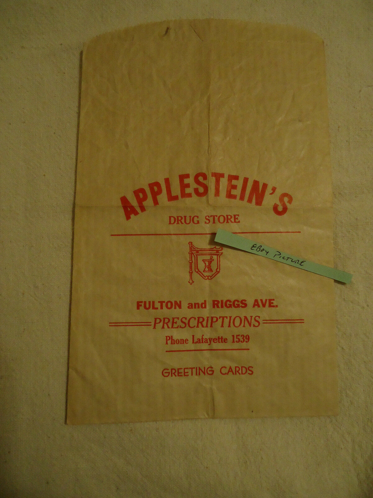 Applestein's Drug Store Paper Bag Circa 1940's Sandtown Area Of Baltimore Md