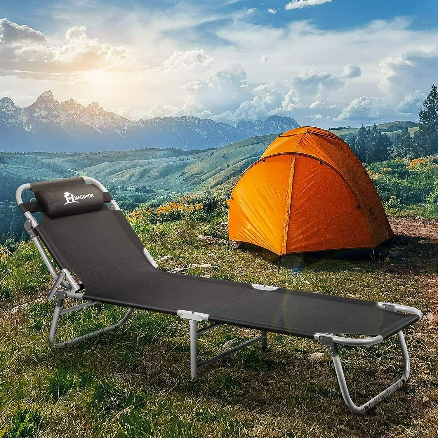 Portable Folding Camping Bed Reclining Lounger Chair 4lvl Adjustable W/bag