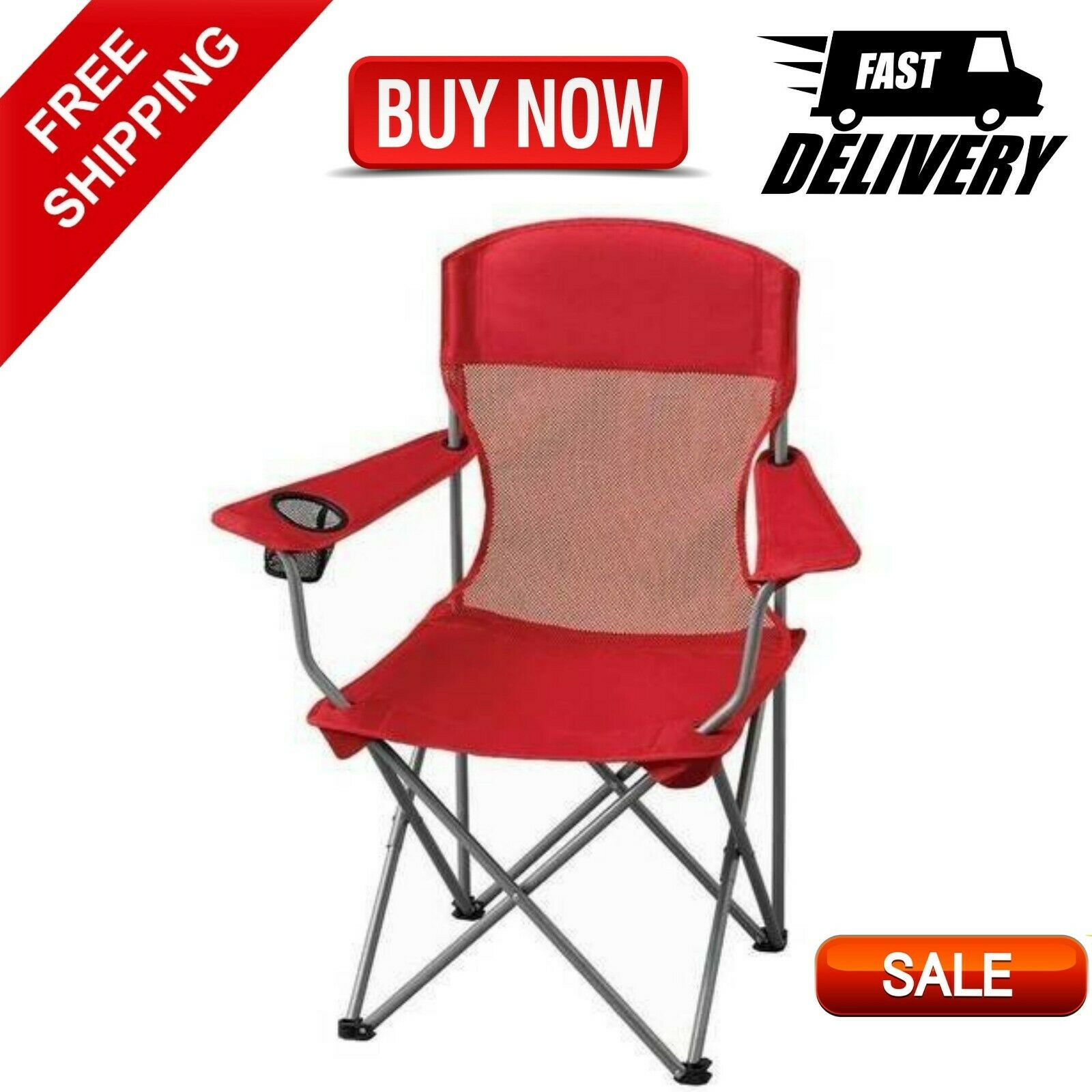 Basic Mesh Folding Camp Chair W/ Cup Holder Lightweight Camping Chair Red