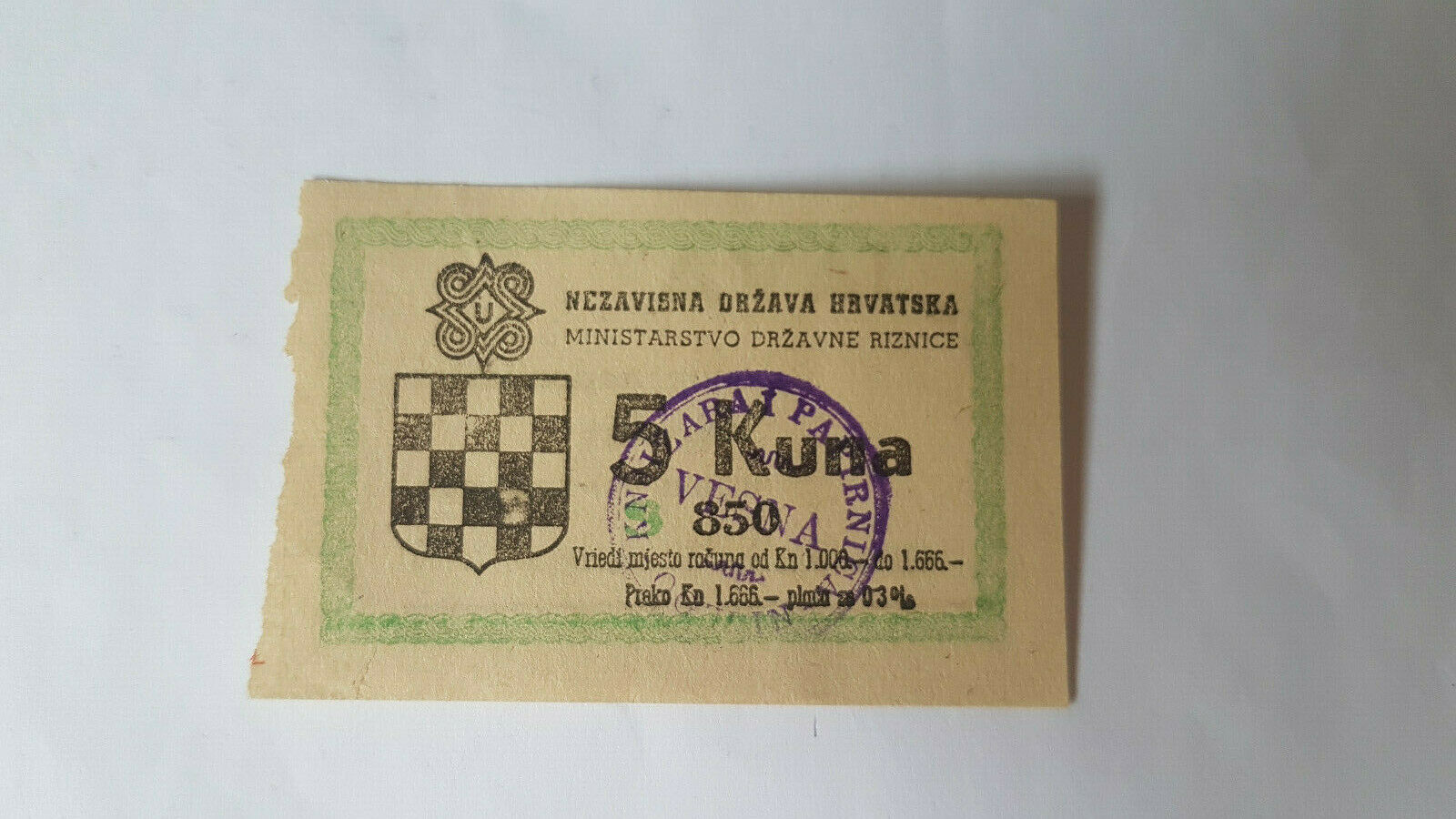 Croatia 5 Kuna Nd1941 Aunc Pnl Wwii Ndh Ustasha Emergency Note ,rare