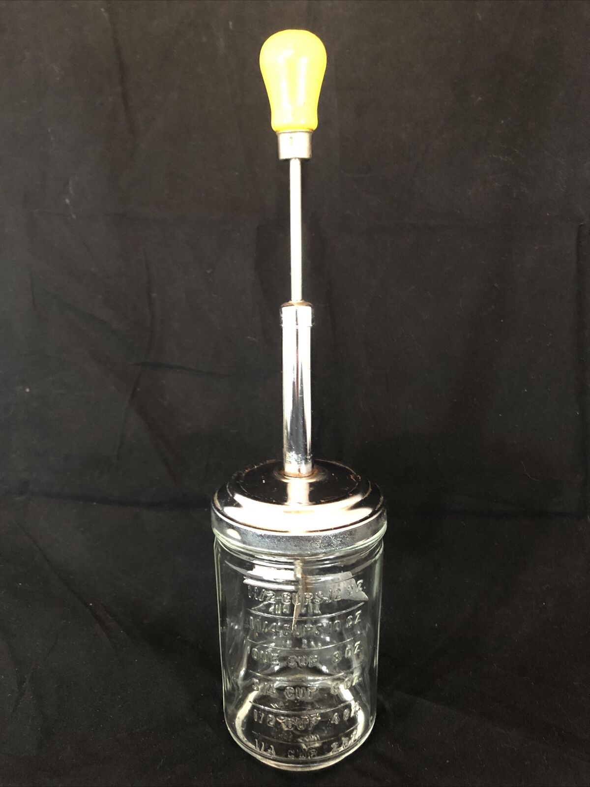Vintage Anchor Hocking Nut Chopper Measure 12 Oz. Glass Jar Yellow Wooden Handle