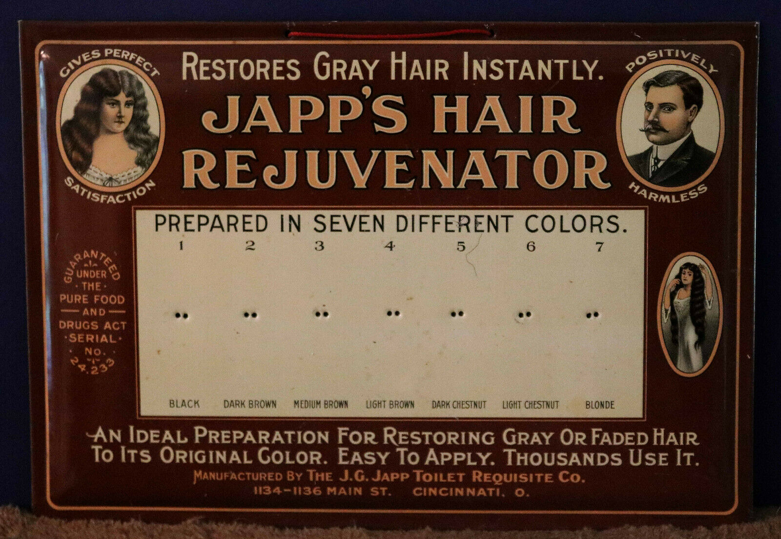 Antique 1910s Japp's Hair Rejuvenator Metal Cardboard Easel Sign Barber Salon