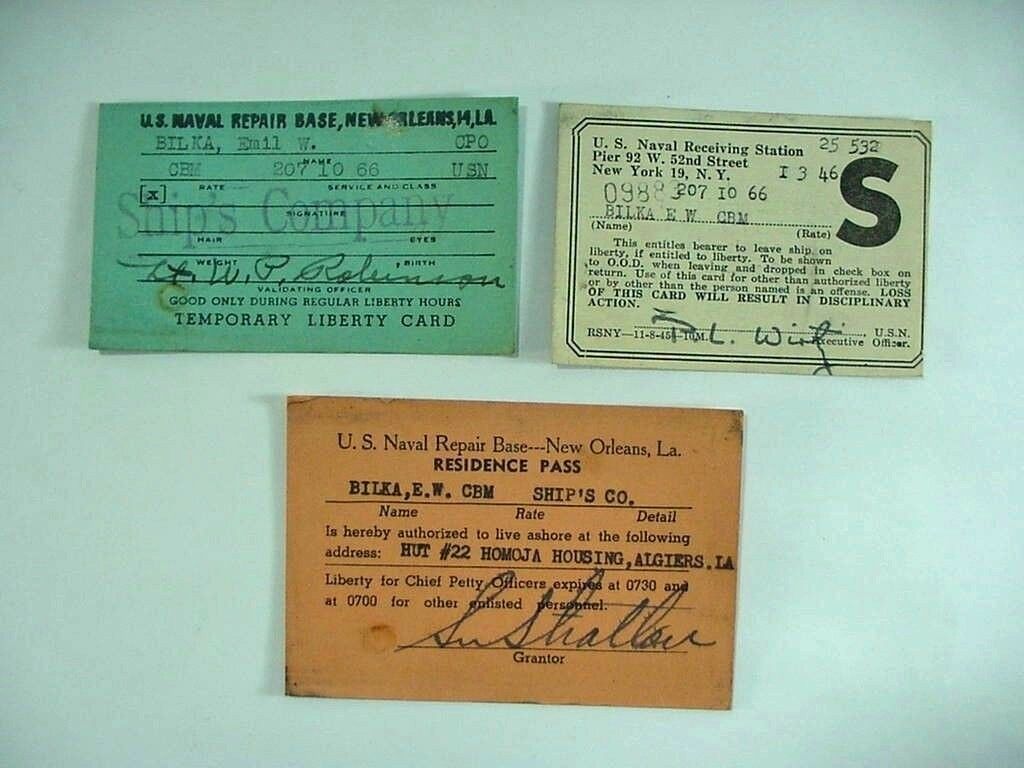 3 U. S. Navy Liberty / Pass Cards - Repair Base New Orleans La + New York Wwii