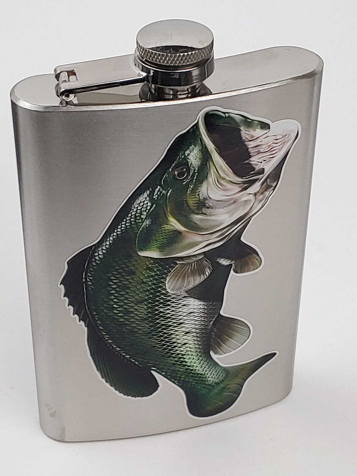 8oz Brushed Stainless Steel Flask W/ Photo-realistic Large Mouth Bass Fish Decal