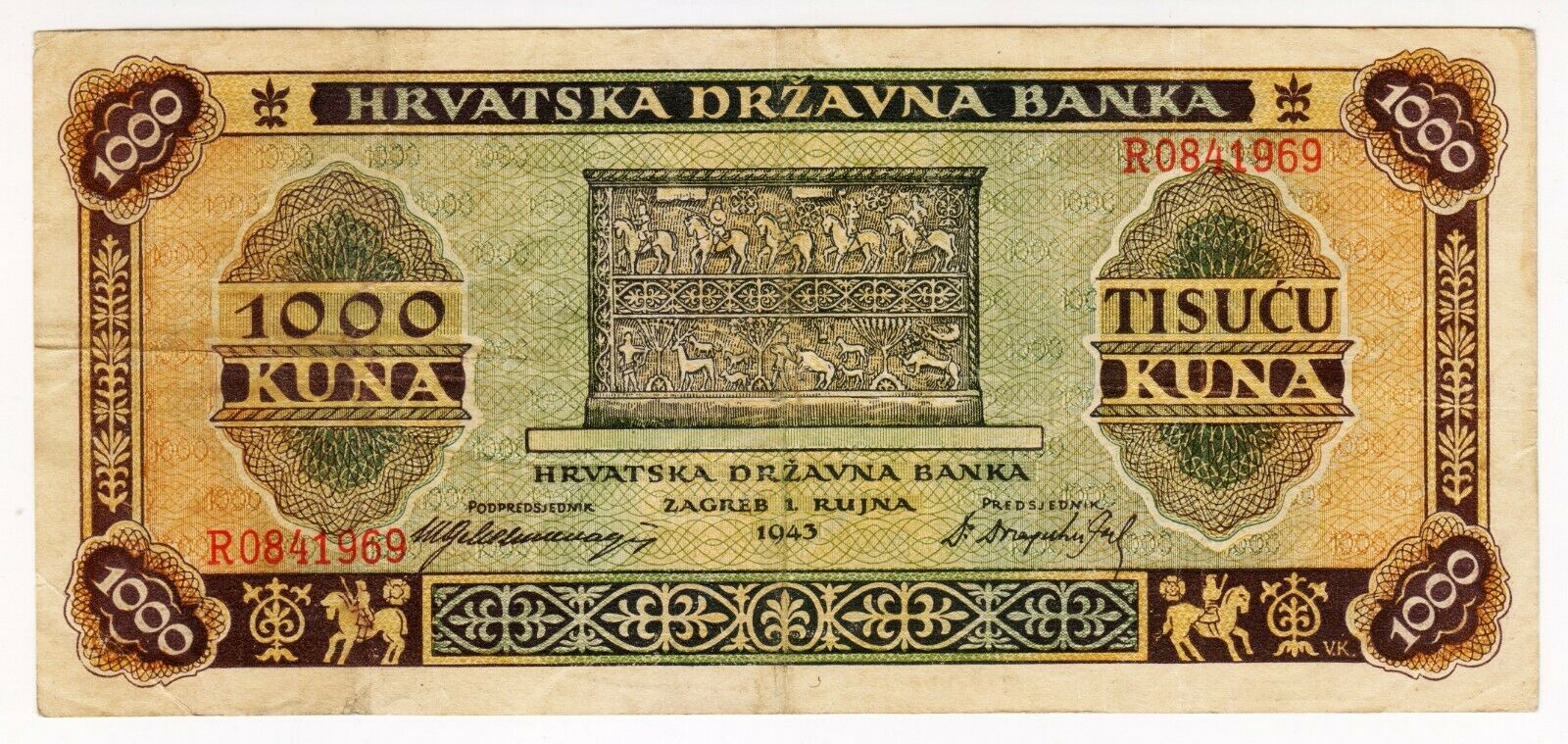 1943 Croatia 1000 Kuna R0841969 Paper Banknote Money Currency