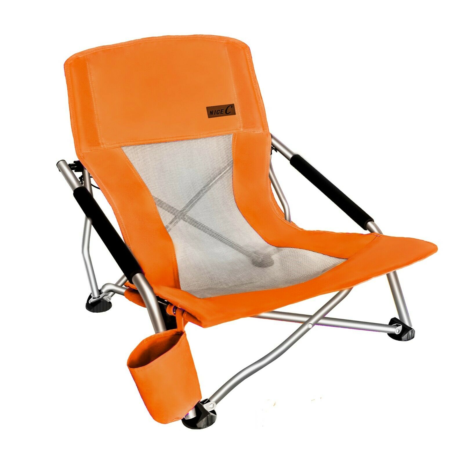 Folding Beach Chair With Cup Holder Portable Camping Ultralight Compact - Orange