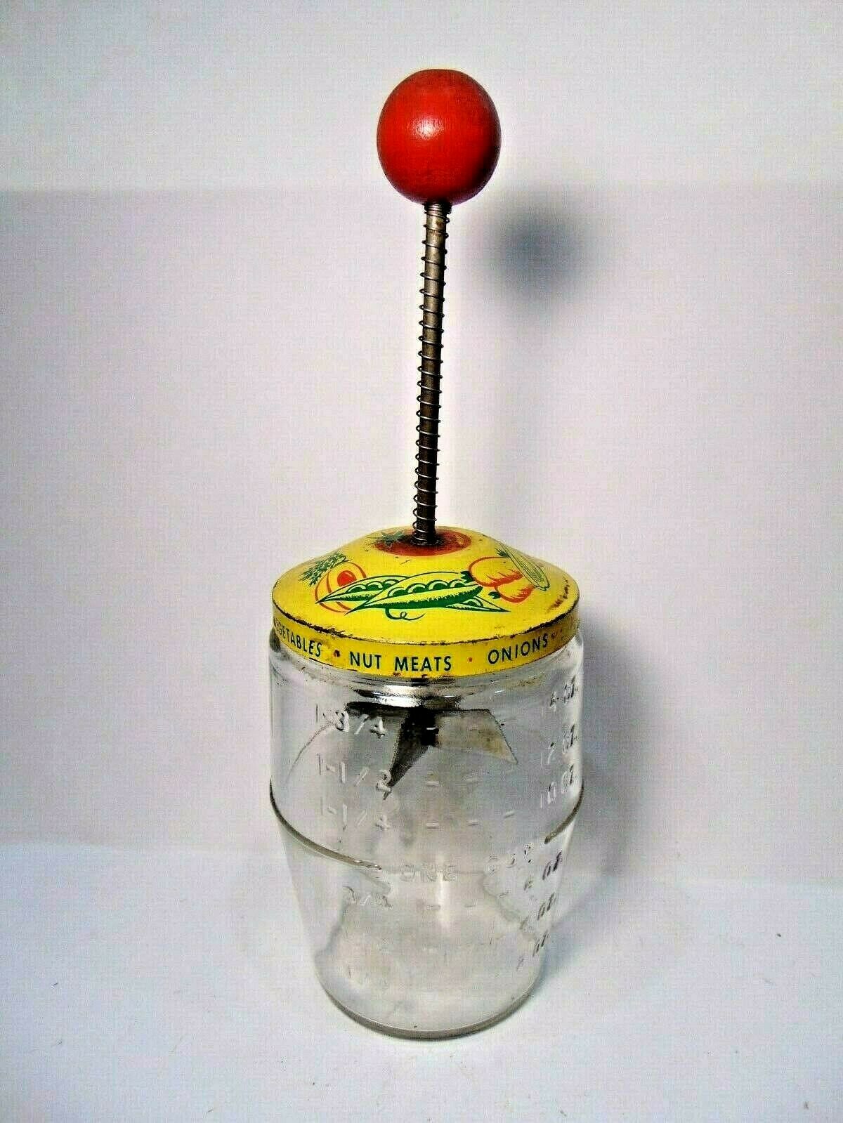 Vintage Kitchen Food Chopper + Measuring Cup Spring Loaded 1950's Red Yellow
