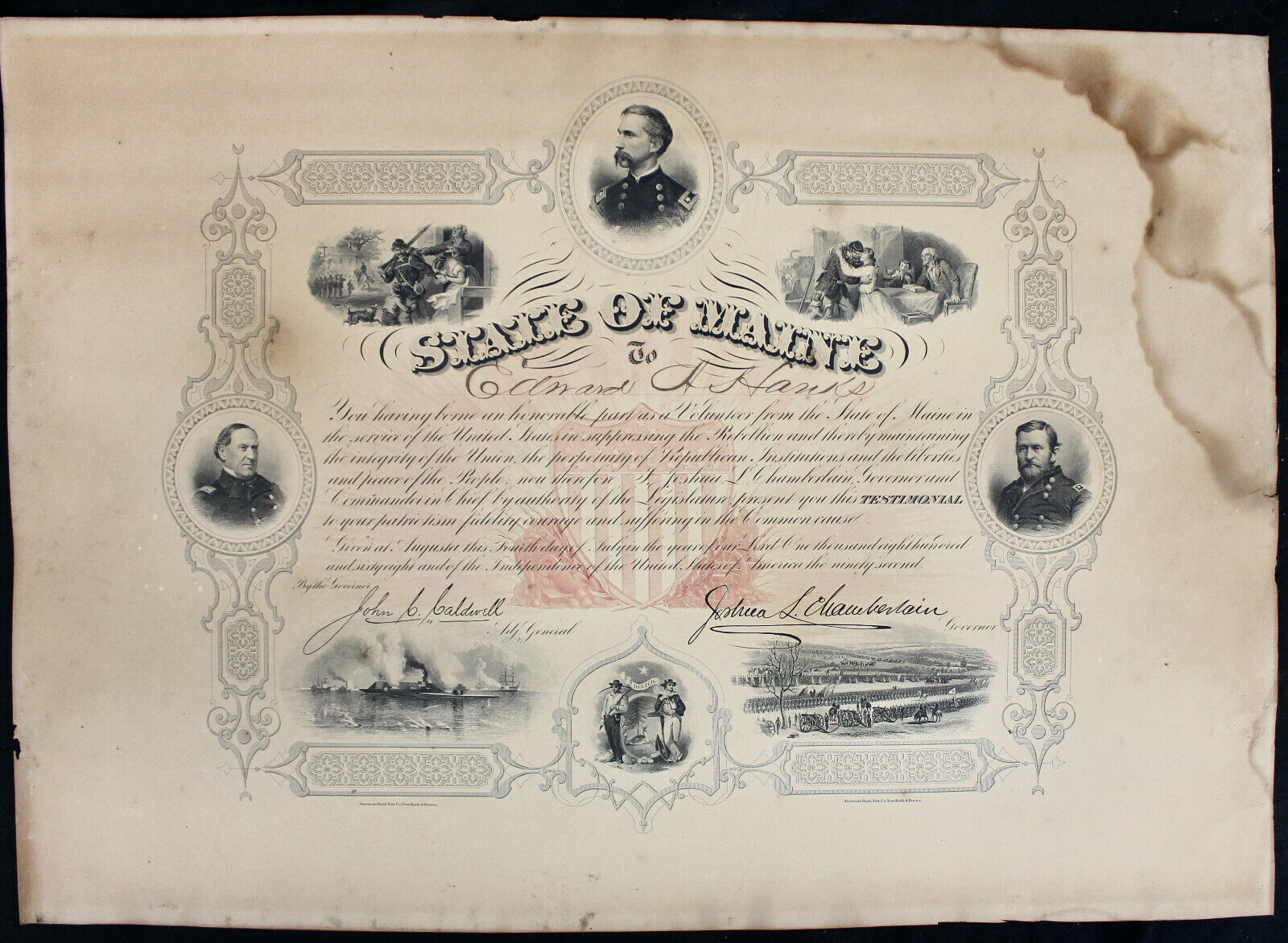 Original 1868 Maine Civil War Appreciation Certificate
