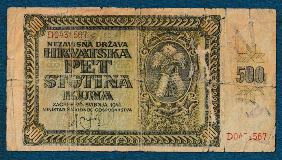 500 Kuna 1941. Croatian Banknotes, Ndh- Ustasha, World War, Germany, Italy !