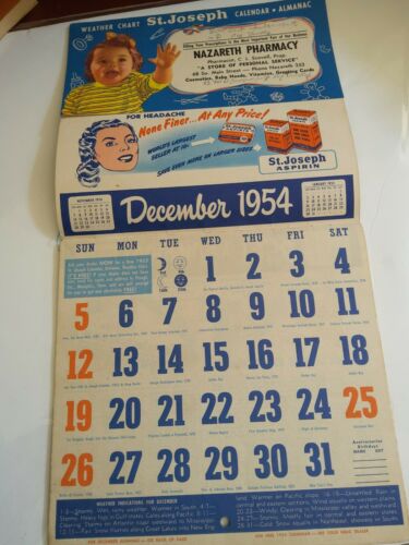 1954 Calendar St Joseph Aspirin Advertising Calendar Nazareth Pharmacy Pa Zodiac