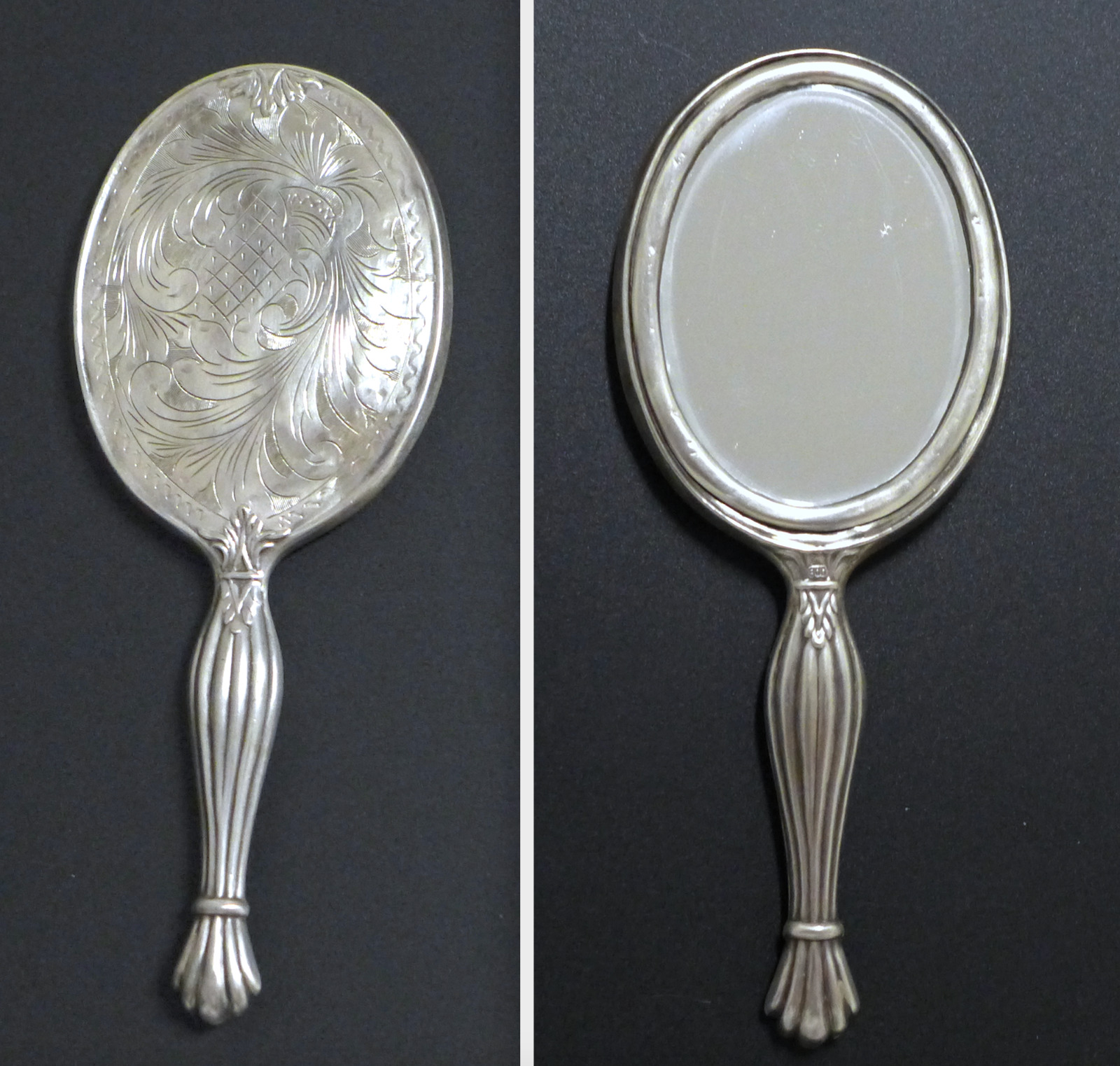 Antique Art Deco German 800 Silver Ornate Etched Travel Pocket Hand Mirror Vtg