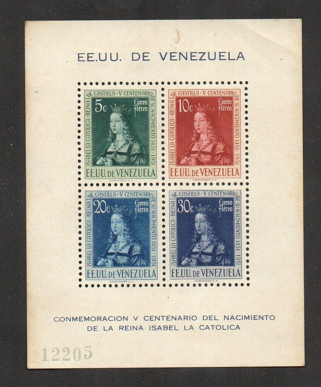 Venezuela Stamps 1951 Mi#b2 Queen Elizabeth The Catholic S/s Mlh