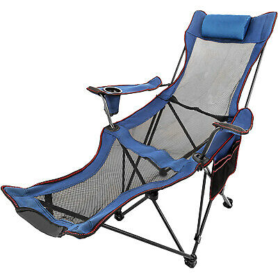 Blue Reclining Folding Camp Chair With Footrest Barcelona Sleep Beach Chaise