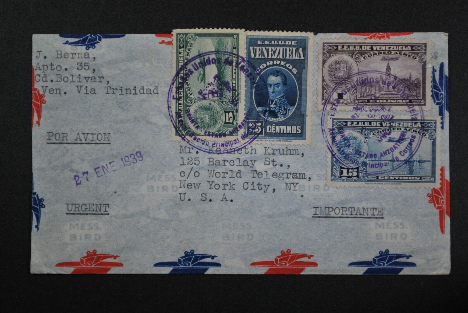 1939 Venezuela Airmail Cover "via Trinidad" To Usa
