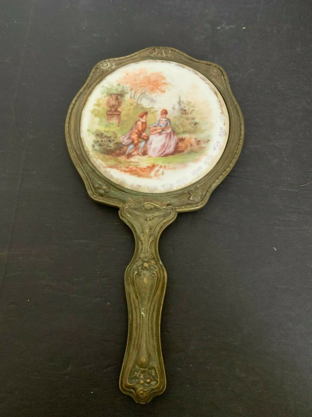 Antique Victorian Brass Hand Mirror Porcelain Inset Beveled Mirror