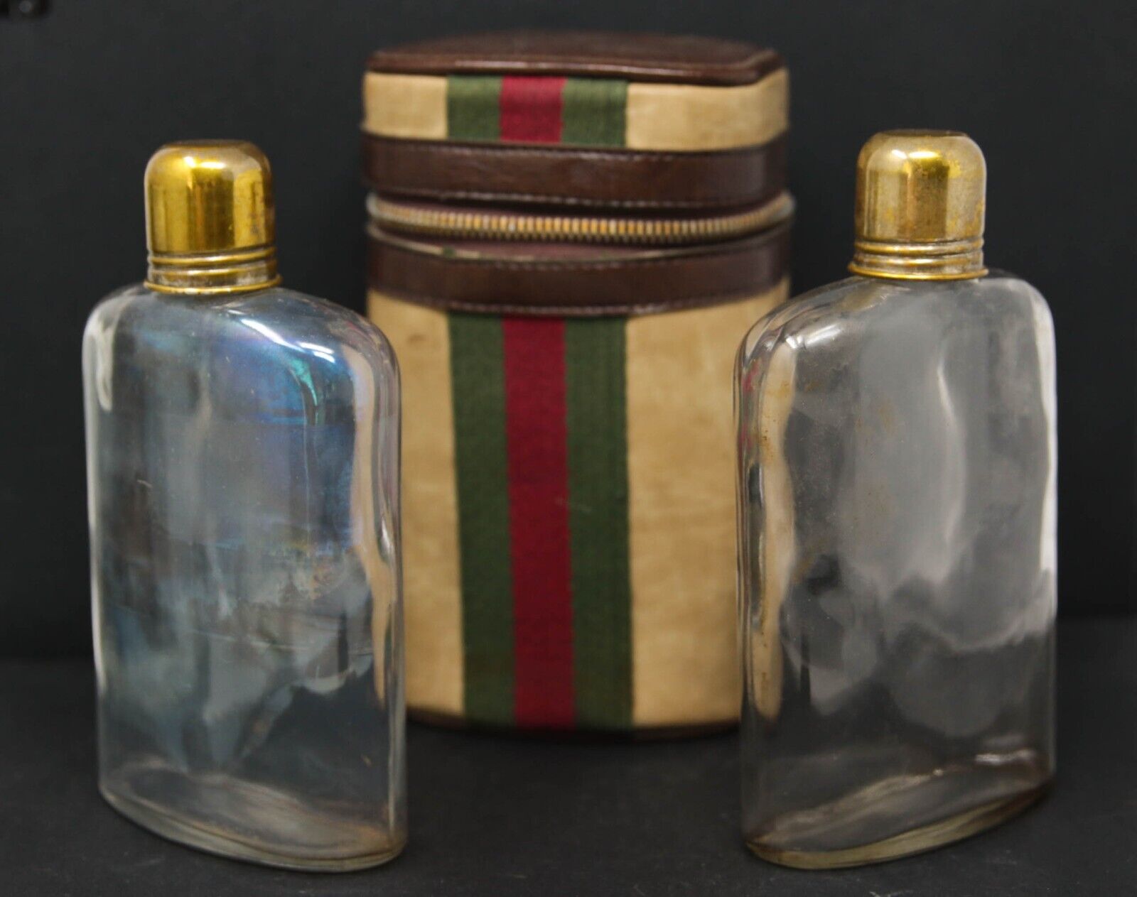 Vintage Whiskey/liquor Flask Set Of 2 In Faux Leather Case