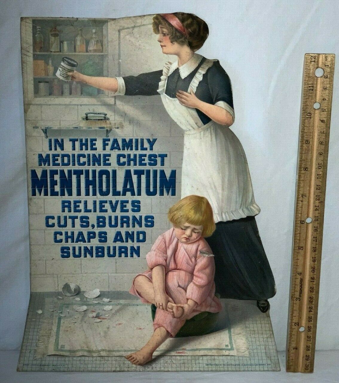 Antique Mentholatum First Aid Medicine Counter Sign Apothecary Drug Store Remedy