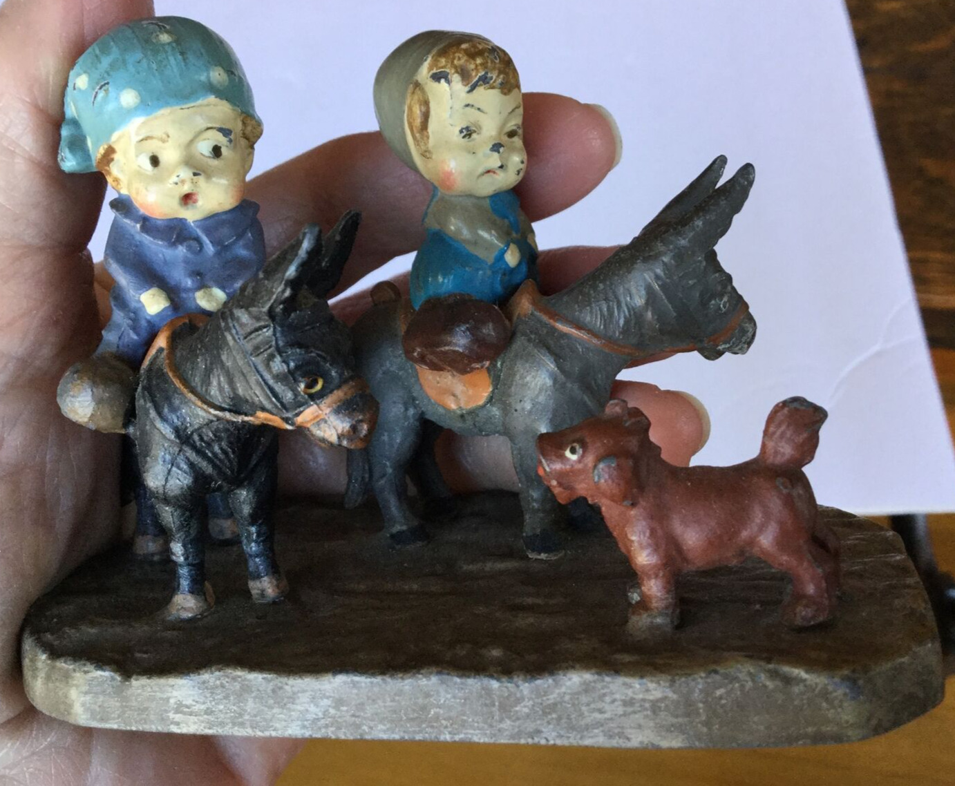 Wonderful  Early Antique Lead ? Bronze? Figurines Children Donkeys Dog