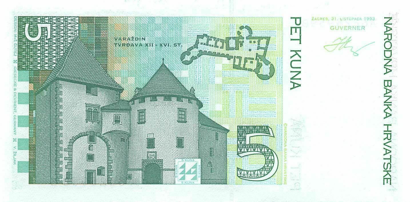 Croatia  5  Kuna  31.10.1993  P 28a  Series  A B  Uncirculated Banknote Xyz4